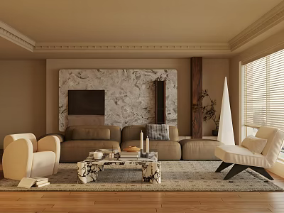 Modern Living Room Interior With Beige Sofa Coffee Table And Large Window 3d model