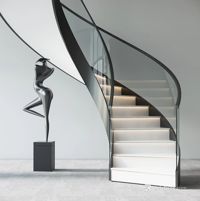 Modern Spiral Staircase Interior With Glass Railing Illuminated Steps And Sculpture 3d model 