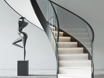 Modern Spiral Staircase Interior With Glass Railing Illuminated Steps And Sculpture 3d model