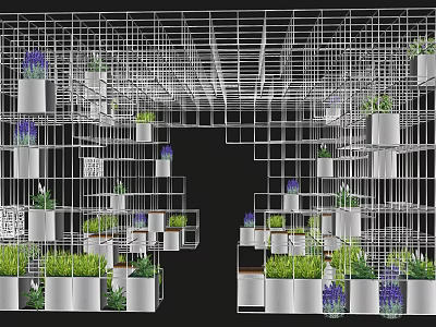 Modern Metal Grid Pergola Decorated with White Planters and Purple Lavender Green Plants 3d model