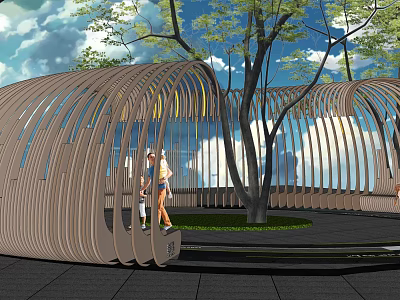 Modern Pergola With Curved Wooden Slats Surrounded By Trees In Outdoor Space 3d model