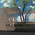 Modern Pergola With Curved Wooden Slats Surrounded By Trees In Outdoor Space