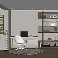 Modern Home Office Desk with White Chair Laptop Potted Plant and Bookshelf on Wooden Floor