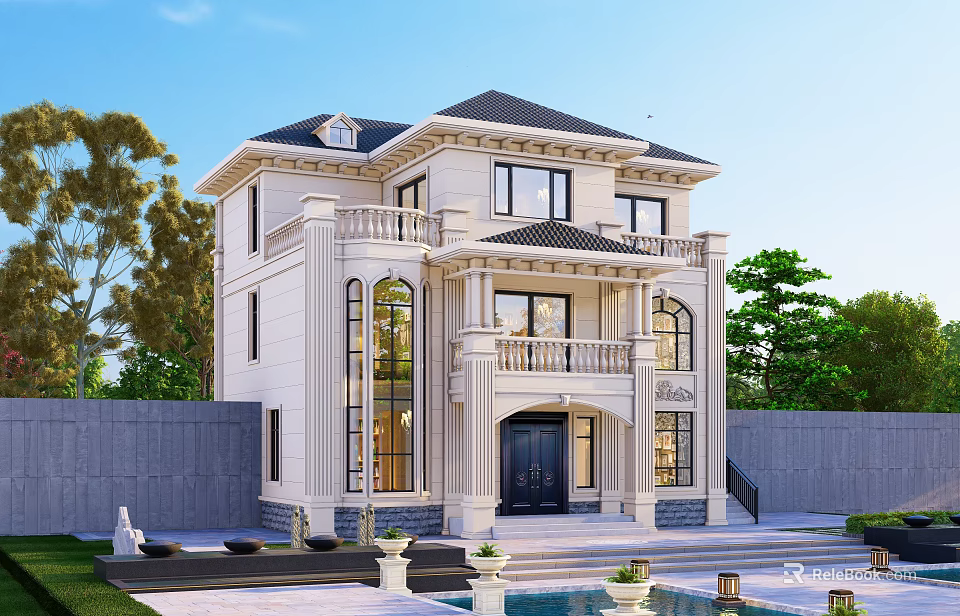 European Style Detached Villa With White Exterior Black Roof And Front Fountain 3d model 