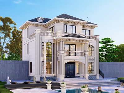 European Style Detached Villa With White Exterior Black Roof And Front Fountain 3d model