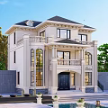 European Style Detached Villa With White Exterior Black Roof And Front Fountain