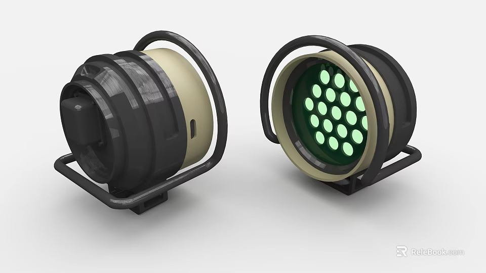 Dual Industrial Green LED Lighting Equipment With Round Black Beige Housing And Metal Brackets 3d model 