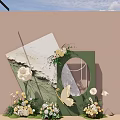 Art Installation Featuring Green Square Structure Circular Mirror Rock Texture Floral And Butterfly Accents