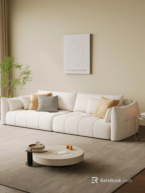 White Sectional Sofa With Accent Pillows Green Plant and Wall Art in Living Room 3d model 