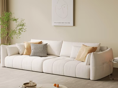 White Sectional Sofa With Accent Pillows Green Plant and Wall Art in Living Room 3d model