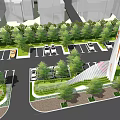 Modern Parking Lot With Landscaped Trees Parking Spaces And Parked Vehicles