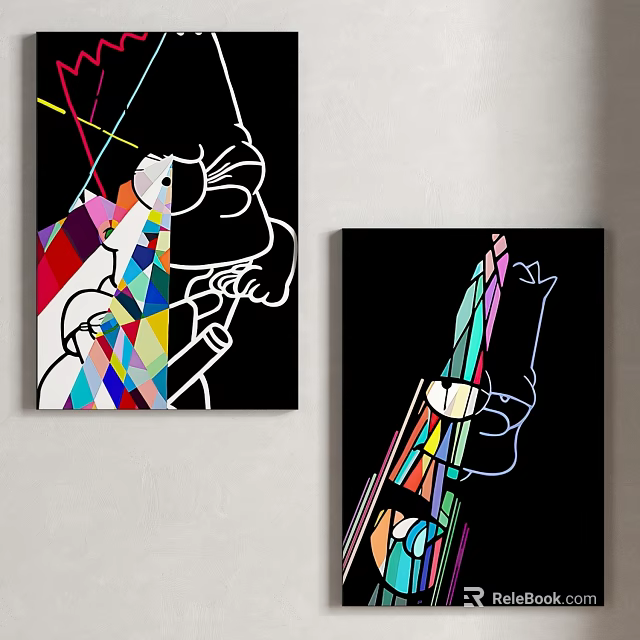 Modern Art Prints With Cartoon Characters And Geometric Colorful Patterns On Black Background 3d model
