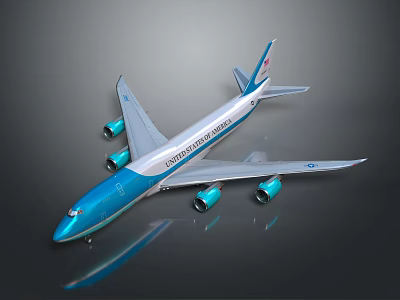 Blue and White Commercial Passenger Airplane With Four Engines And Shiny Exterior Design 3d model