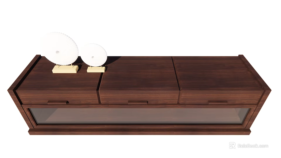 Modern Walnut Wood TV Stand With Drawers Glass Panel And Decorative Plates 3d model 