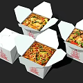 Delicious Noodles with Vegetables in Open Takeout Boxes Featuring Red Pagoda Design on White Containers