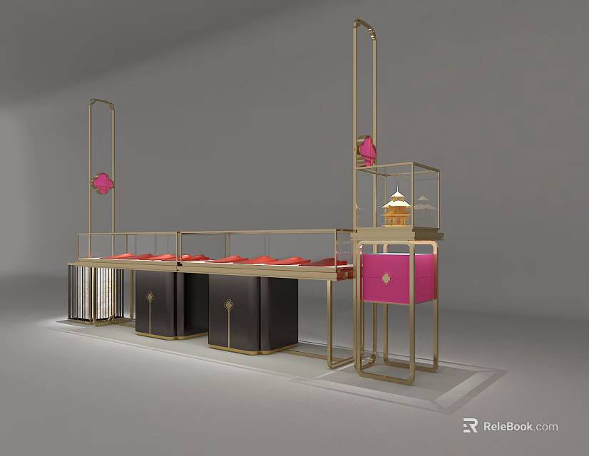 Modern Jewelry Store Interior With Golden Frame Pink Decorations Black Counters And Red Countertops 3d model 