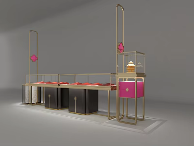 Modern Jewelry Store Interior With Golden Frame Pink Decorations Black Counters And Red Countertops 3d model