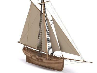 Traditional Wooden Sailboat Design with Tall Masts Cream Sails and Brown Hull 3d model
