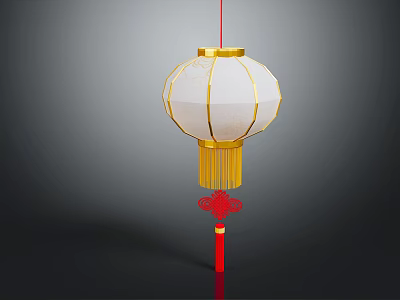 Traditional Chinese Lantern With White Fabric Gold Accents Red Tassel And Knot Decoration 3d model