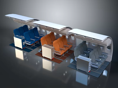Modern Passenger Transport Seats in Blue Orange Gray with Overhead Storage and Reflective Floor 3d model