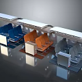 Modern Passenger Transport Seats in Blue Orange Gray with Overhead Storage and Reflective Floor 3d model