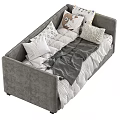 Modern Gray Fabric Kids Bed With Cozy Pillows And Soft Blanket Design