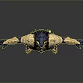 Man in Ornate Gold and Blue Armor with Mythical Beast Headpiece Arms Outstretched