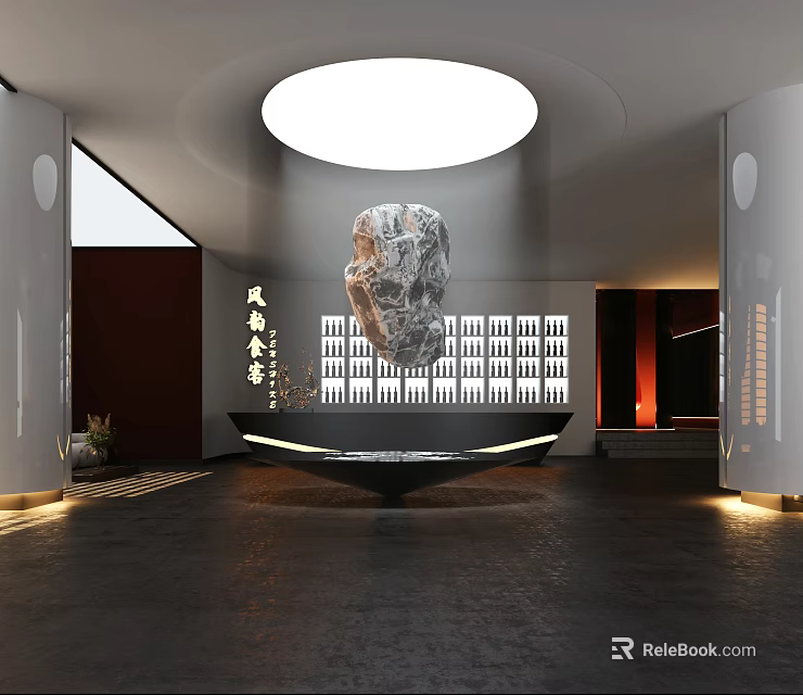 Elegant Hotel Lobby Interior With Circular Ceiling Light Stone Art And Reception Desk 3d model