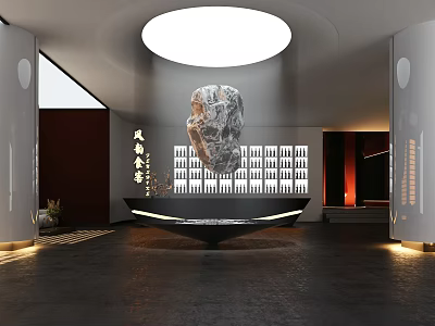 Elegant Hotel Lobby Interior With Circular Ceiling Light Stone Art And Reception Desk 3d model