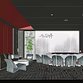 Elegant Private Dining Room With Red Walls Grey Ink Backdrop Round Table Black Chairs