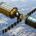 Space Station Module With Golden Exterior And Solar Panels Orbiting Earth