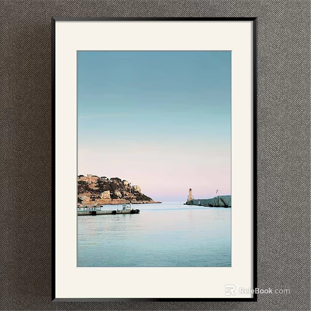 Scenic Coastal Landscape Painting With Calm Water Lighthouse And Pastel Sky Buildings 3d model 