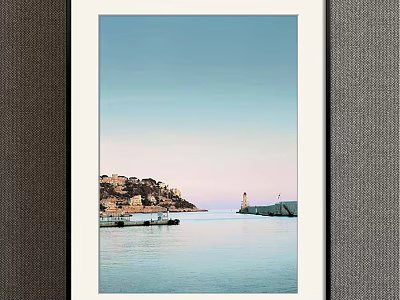 Scenic Coastal Landscape Painting With Calm Water Lighthouse And Pastel Sky Buildings 3d model
