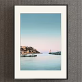 Scenic Coastal Landscape Painting With Calm Water Lighthouse And Pastel Sky Buildings