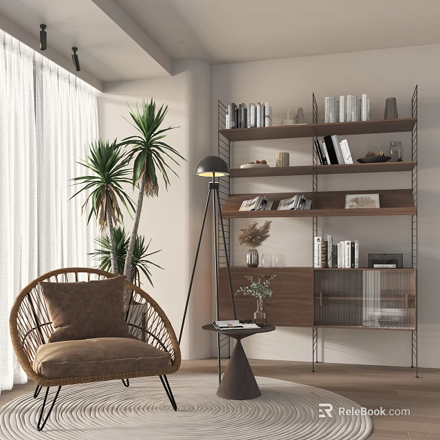 Rattan Accent Chair With Brown Cushion In Modern Interior With Floor Lamp Bookshelf And Plant 3d model 
