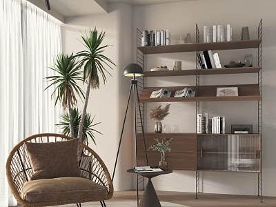 Rattan Accent Chair With Brown Cushion In Modern Interior With Floor Lamp Bookshelf And Plant 3d model