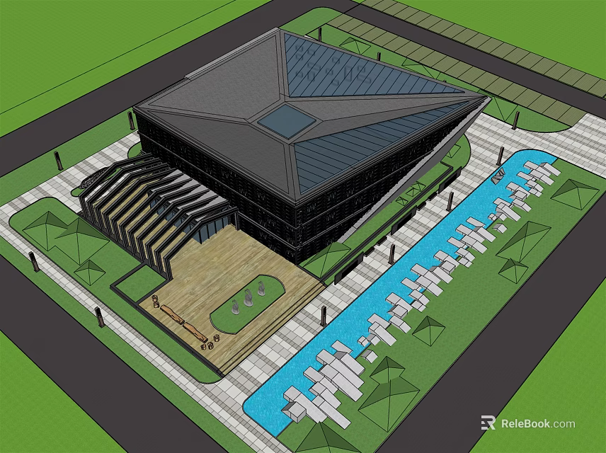 Modern Museum Building With Geometric Roof Water Pool Green Lawn And Pedestrian Walkway 3d model 