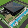 Modern Museum Building With Geometric Roof Water Pool Green Lawn And Pedestrian Walkway