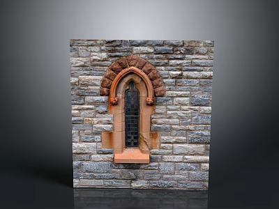 Architectural Gray Stone Wall With Arched Window And Decorative Carvings And Glass Panes 3d model