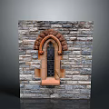 Architectural Gray Stone Wall With Arched Window And Decorative Carvings And Glass Panes