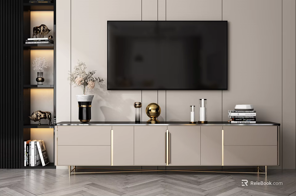 Modern TV Stand Interior With Wall Mounted TV Bookshelf Decorative Vase And Golden Accents 3d model 