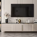 Modern TV Stand Interior With Wall Mounted TV Bookshelf Decorative Vase And Golden Accents