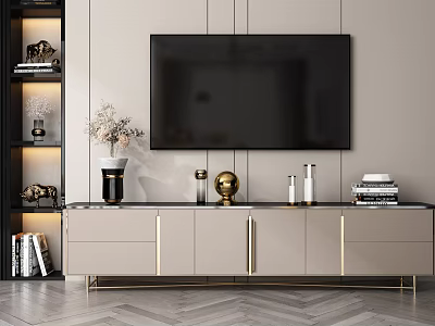 Modern TV Stand Interior With Wall Mounted TV Bookshelf Decorative Vase And Golden Accents 3d model