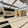 Service Hall Interior Design Featuring Wooden Ceiling Pillars Reception Counter And Plants