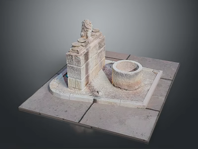 Traditional Stone Architecture Featuring Lion Statue Circular Well And Stone Platform Design 3d model