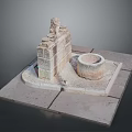 Traditional Stone Architecture Featuring Lion Statue Circular Well And Stone Platform Design