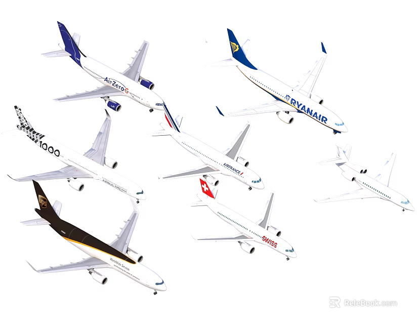 Various Commercial Airplanes From Different Airlines With Distinct Liveries On White Background 3d model 