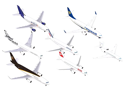 Various Commercial Airplanes From Different Airlines With Distinct Liveries On White Background 3d model