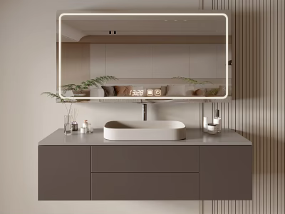 Modern Minimalist Bathroom Vanity Cabinet With Gray Countertop Round Sink And Wall Mirror 3d model