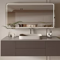 Modern Minimalist Bathroom Vanity Cabinet With Gray Countertop Round Sink And Wall Mirror
